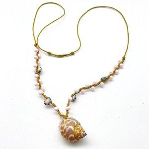 Shell Pendant Station Necklace Brown Adjustable Cord Pink Beads Beach Coastal